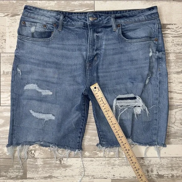 Aeropostale Slim Short Denim Shorts Mens 36 Blue Distressed Frayed Hem Bermuda - Picture 4 of 11